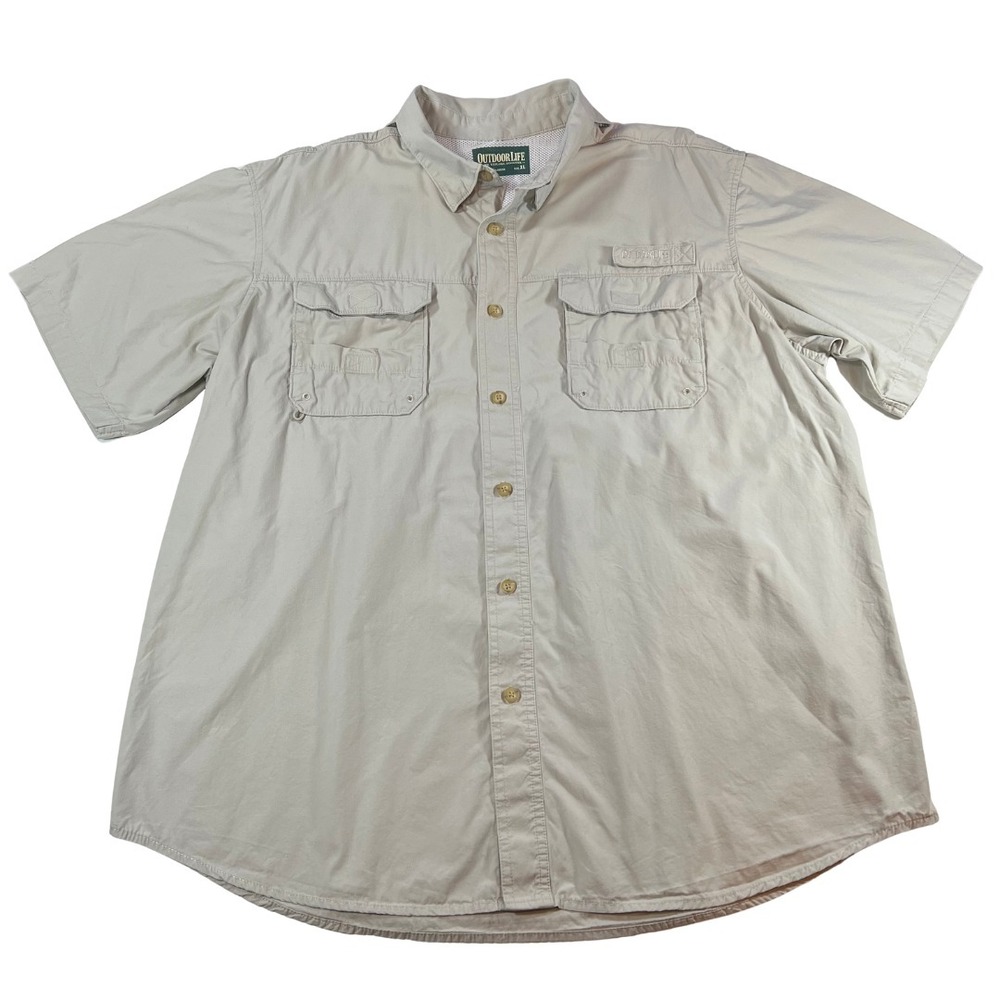 Outdoor‎ Life Men's Fishing Shirt XL Tan Short Sleeve Utility Pockets Cotton